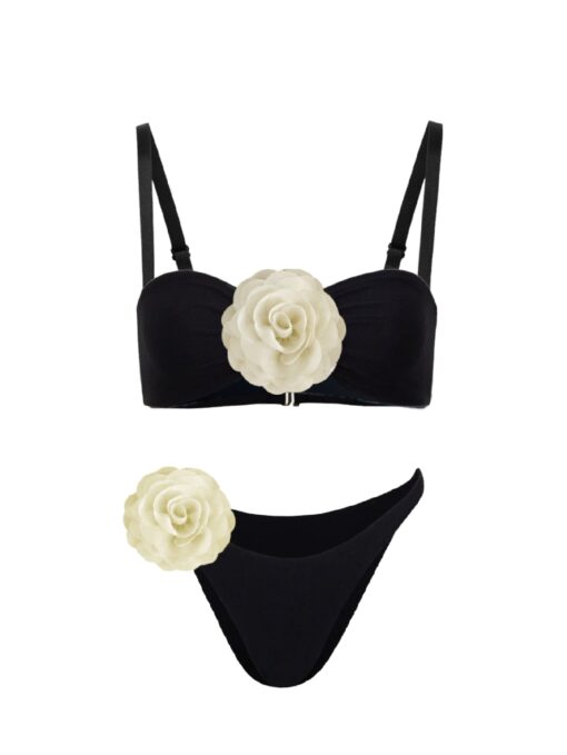 Ensemble de bikini noir taille basse à fleurs 3D