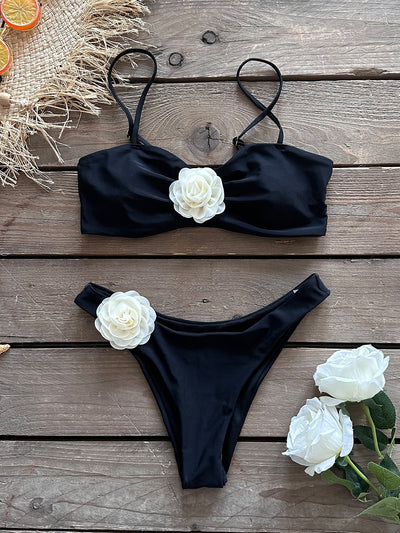 Ensemble de bikini noir taille basse à fleurs 3D 14