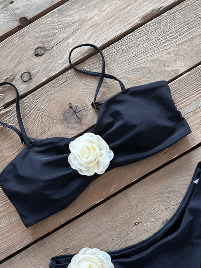 Ensemble de bikini noir taille basse à fleurs 3D 18