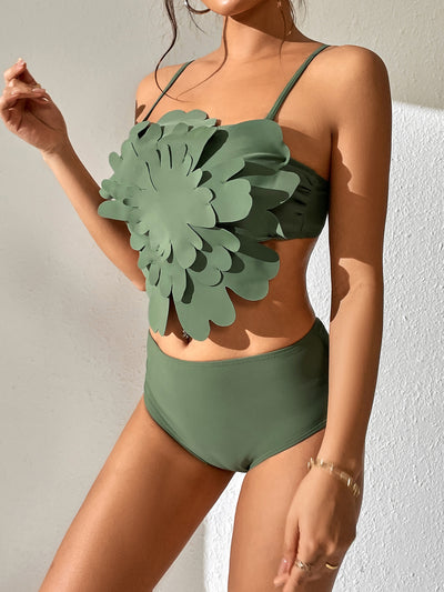 Ensemble de bikini vert uni à fleurs exagérées 2