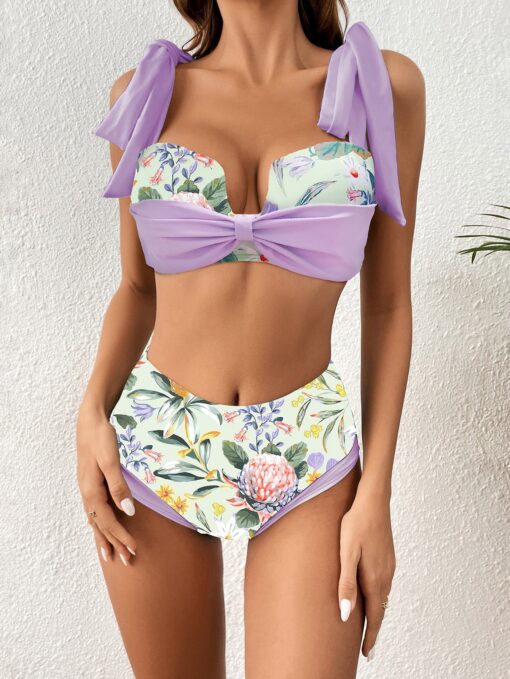 Ensemble de bikini taille haute à fleurs violet