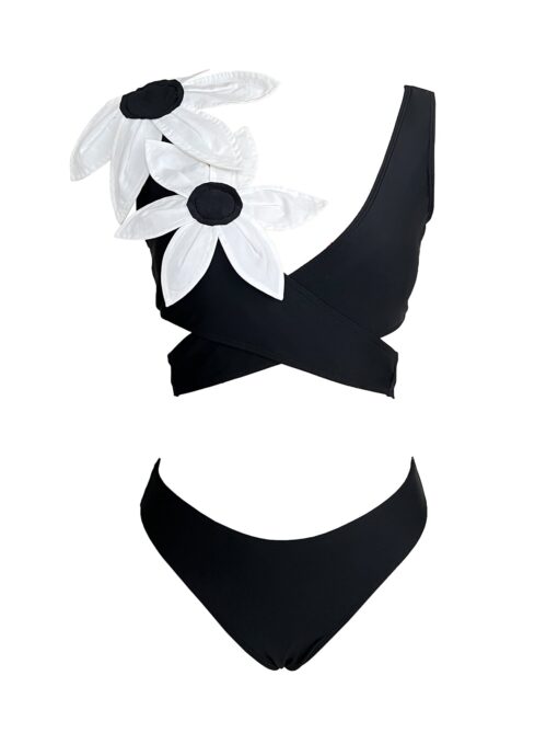 Ensemble de bikini noir à fleurs 3D