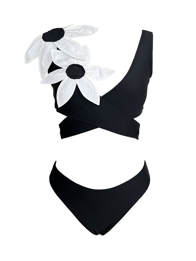 Ensemble de bikini noir à fleurs 3D 2