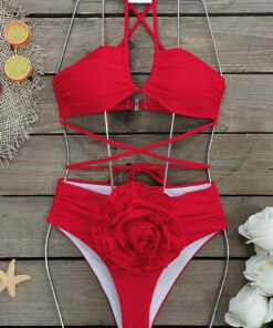 Ensemble de bikini taille haute à bretelles rouge fleur 3D